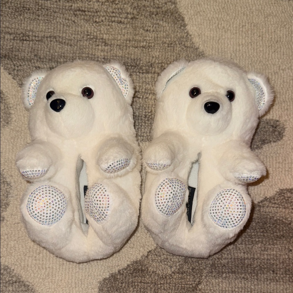 White Plush Bear Slippers with Sparkle Paw Details